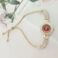 Modische Damenuhr Luxus Strass Quarz Armbanduhr verstellbares Armband Gold Rot - Rot