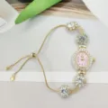 Vista detallada del reloj de pulsera con diamantes de imitación para mujer, esfera rosa ajustable. - Rosa