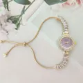 Edle Damen Strass Quarzuhr violettes Zifferblatt verstellbares Zugketten Armband - Lila