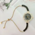 Reloj de cuarzo para mujer tono dorado esfera negra pedrería pulsera cadena deslizante ajustable - Negro