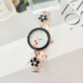 Elegant rose gold women quartz watch with black flower bracelet strap and white dial. - Black