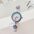 Women quartz watch fashion flower bracelet design rose gold case elegant student wrist watch - Blue