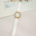 Orologio al quarzo alla moda con cinturino in silicone bianco e lunetta strass oro rosa chic - Cinturino in Silicone Bianco