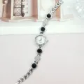 Silberfarbene Damen Quarz Uhr mit schwarzen runden Steinen und Strass Armband Armbanduhr - Silber Schwarz