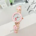 Elegant women quartz watch with pink flower bracelet and white dial digital markers for daily wear - Pink