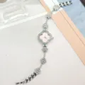 Women quartz watch with pink clover dial and rhinestone silver chain bracelet fashion jewelry - Silver Pink
