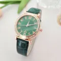 Elegant women quartz watch featuring a green dial, rose gold diamond bezel and green leather strap. - Green