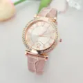 Elegant rose gold women quartz watch with crystal rhinestone bezel and pink leather strap. - Pink