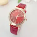 Red leather strap women quartz watch with crystal rhinestone bezel and Arabic numerals dial - Red