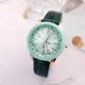 Minimalistische mintgrüne Damen Quarzarmbanduhr mit dunklem Lederarmband und Ziffernblatt. - Grün