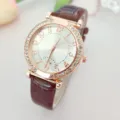 Elegant women quartz watch with rhinestone bezel and brown leather strap detailed view. - Brown
