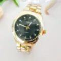 Gold quartz watch with rhinestone dial, stainless steel metal strap for business casual. - Men / Gold Black