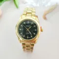 Golden quartz watch with black dial rhinestones and stainless steel strap for daily wear style. - Women / Gold Black