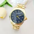 Luxury gold quartz watch with blue dial and sparkling rhinestone markers daily wear. - Men / Gold Blue