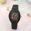 Damen Tonneau Quarz Uhr mit schwarzem Silikonarmband und klassischen Zifferblatt Detail - Silikon Schwarz