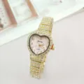 Herzform Strass Damen QuarzUhr mit goldenem Armband und rosa Zifferblatt Details. - Gold Rosa