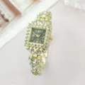 Luxury square rhinestone women watch gold quartz wristwatch sparkling crystal bracelet timepiece. - Gold Black