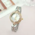 Elegante Damen Strass Quarz-Armbanduhr mit Metallarmband und schickem Zifferblatt Detail. - Gold-Silber Weiß