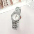 Elegant women rhinestone quartz watch with silver steel strap, sparkling crystal bezel. - Silver White
