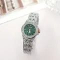 Rhinestone women quartz watch with green dial and silver steel strap for daily wear. - Silver Green