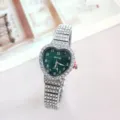 Herzförmige Strass-Damenquarzuhr mit grünem Zifferblatt und glitzerndem Diamantarmband. - Silber Schwarz