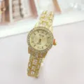 Crystal studded gold quartz watch detail view, elegant ladies wristwatch with sparkling rhinestones. - Gold
