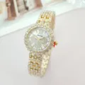 Luxury gold rhinestone quartz watch for women with roman numerals and stainless steel strap. - Gold White