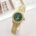 Luxury women rhinestone quartz watch with green dial and gold steel strap for elegant daily look. - Gold Green