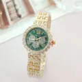 Luxurious rhinestone women watch with green dial, gold steel strap and quartz movement. - Gold Green