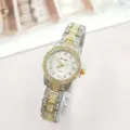 Close-up view of the luxury women's rhinestone quartz watch showcasing exquisite dial details. - Gold-Silver White