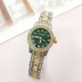 Women quartz watch with green dial rhinestone bezel two tone stainless steel strap elegant - Two-tone Gold Green Dial