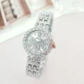 Rinnady women quartz watch stainless steel rhinestone roman numeral luxury wristwatch - Silver White