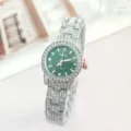 Green dial rhinestone quartz watch detail, sparkling crystal bezel, elegant steel band. - Silver Green