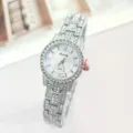 Elegant women rhinestone quartz watch with silver steel strap, sparkling luxury wristwatch. - Silver White