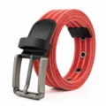 Red striped canvas belt with alloy pin buckle, casual student style, durable fabric design. - 125cm / Red