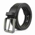 Black canvas belt with metal pin buckle, durable fabric strap and PU leather accents for men. - Black