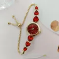 Gold Quarz Uhr rotes Herz Strass Schiebe Kette Detail schicke ästhetische Zubehör - Gold Rot
