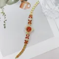 Elegante Damen Strass Quarz Uhr rote Blumenblatt Gold Armbanduhr modisches Accessoire - Gold Rot
