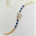 Orologio da polso al quarzo da donna dorato con quadrante quadrato e pietre blu eleganti. - Oro Blu