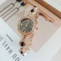 Damen Quarzuhr Roségold Farbe Strass Zifferblatt schwarzer Stein Armband elegant chic - Roségold Schwarz