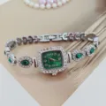 Damen Quarzuhr quadratisch grünes Zifferblatt mit funkelnden Strasssteinen Armbanduhr - Silber Grün
