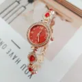 Damen Strass Quarzuhr elegante rote Zifferblatt Armbanduhr Mode Geschenk für Frauen - Roségold Rot