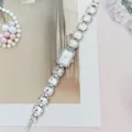 Elegant rectangular crystal rhinestone bracelet watch for women, stylish quartz dress wristwatch. - Silver White