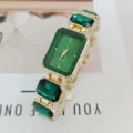 Women green crystal quartz watch elegant rectangular dress wristwatch fashion accessory - Gold Green
