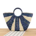 Bunte geflochtene Papierschnur Tasche, blau-beige gestreifte Strandtasche mit rundem Griff. - Blau Gestreift