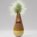 Cute cat tumbler toy with green feather plush cone and natural wooden base for pets. - Pet Toy / Brown