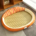 Summer cooling pet bed cat dog mat woven rattan small dog basket comfortable soft - S / Rainbow Oval Cooling Mat Bed - Orange