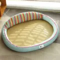 Summer cooling pet bed for small dogs and cats, oval rattan mat with colorful stripes rim. - S / Rainbow Oval Cooling Mat Bed - Blue