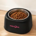 Black stainless steel pet bowl with brown dry food, modern design for dogs and cats feeding. - Food Bowl / Black