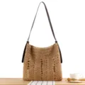 Handmade woven shoulder bag, straw crossbody handbag with leather strap for women summer beach travel. - Camel